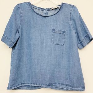 LOFT Blue Button Back Chambray Shirt Short Sleeve